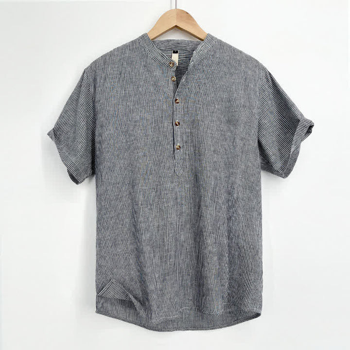 Buddha Stones Chemises d'été à demi-boutons et fines rayures à manches courtes pour hommes - Bleu acier clair - US/UK/AU44，EU54 (4XL) - image 11
