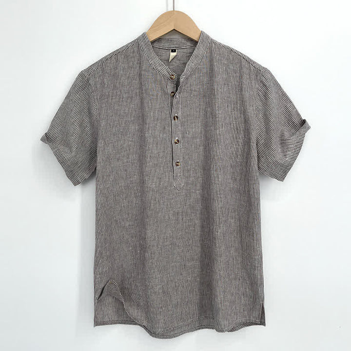 Buddha Stones Chemises d'été à demi-boutons et fines rayures à manches courtes pour hommes - Tanné - US/UK/AU44，EU54 (4XL) - image 0