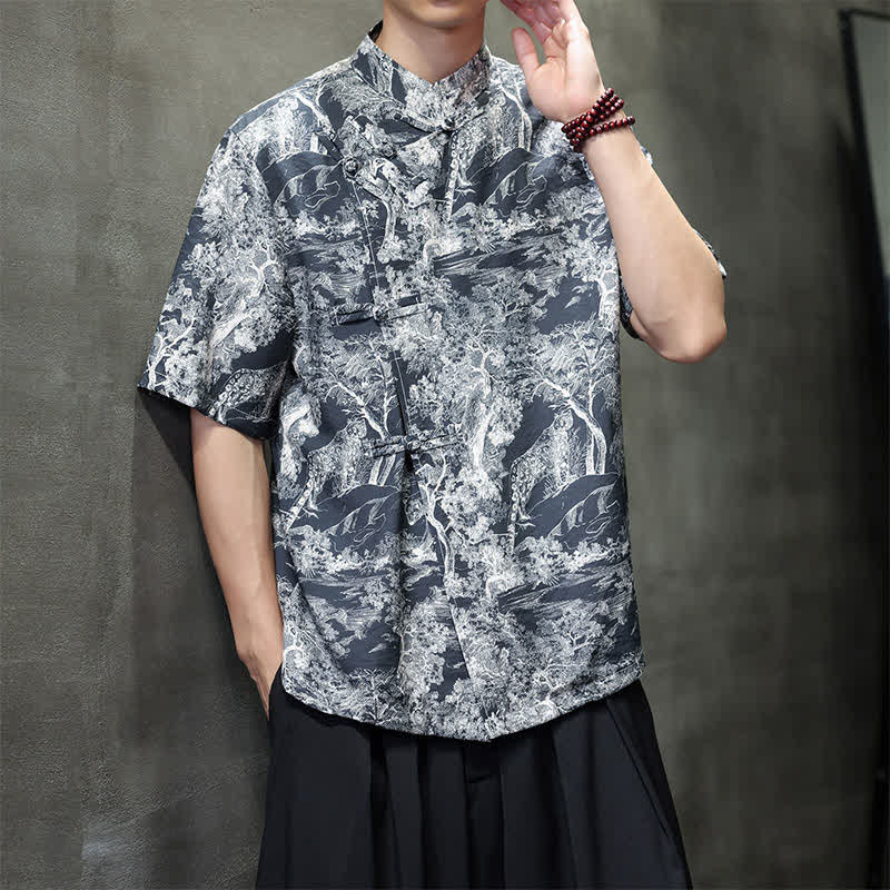 Buddha Stones Chemises à manches courtes pour hommes, style Tang, avec boutons grenouilles et motifs abstraits. - image 1