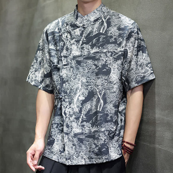 Buddha Stones Chemises à manches courtes pour hommes, style Tang, avec boutons grenouilles et motifs abstraits. - image 5