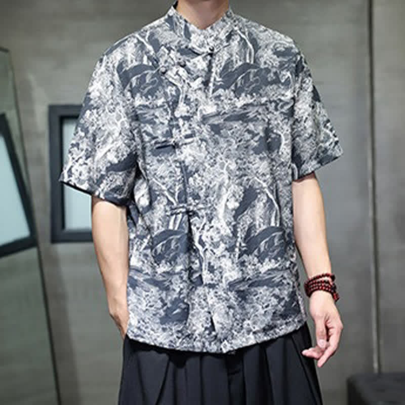 Buddha Stones Chemises à manches courtes pour hommes, style Tang, avec boutons grenouilles et motifs abstraits. - image 7