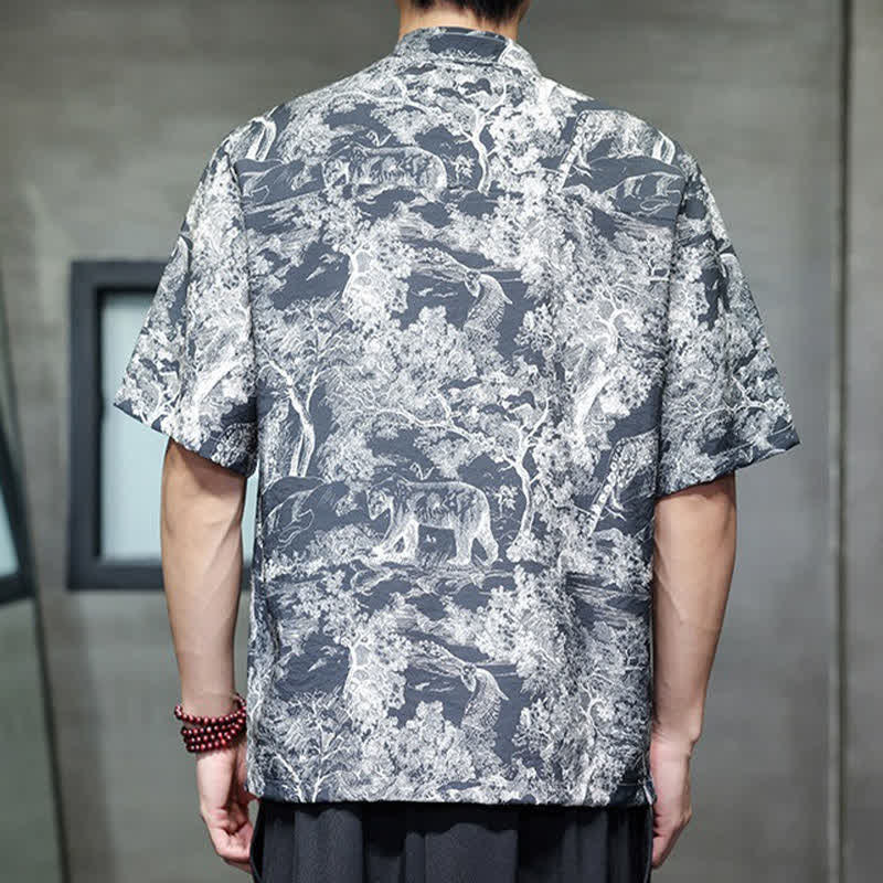 Buddha Stones Chemises à manches courtes pour hommes, style Tang, avec boutons grenouilles et motifs abstraits. - image 4