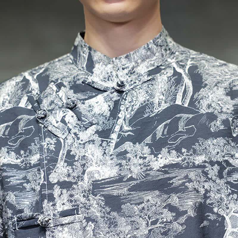Buddha Stones Chemises à manches courtes pour hommes, style Tang, avec boutons grenouilles et motifs abstraits. - image 10
