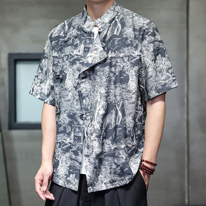 Buddha Stones Chemises à manches courtes pour hommes, style Tang, avec boutons grenouilles et motifs abstraits. - image 9