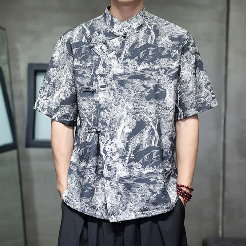 Buddha Stones Chemises à manches courtes pour hommes, style Tang, avec boutons grenouilles et motifs abstraits. - SteelBlue - US/UK/AU44，EU54 (4XL) - image 0