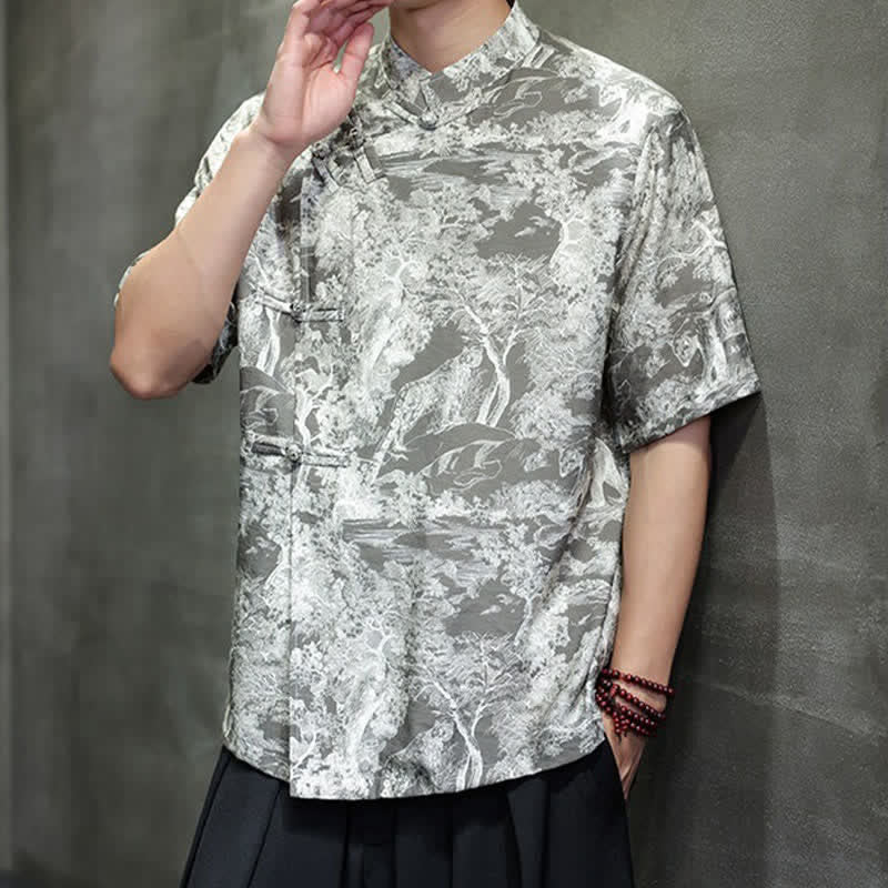 Buddha Stones Chemises à manches courtes pour hommes, style Tang, avec boutons grenouilles et motifs abstraits. - image 21