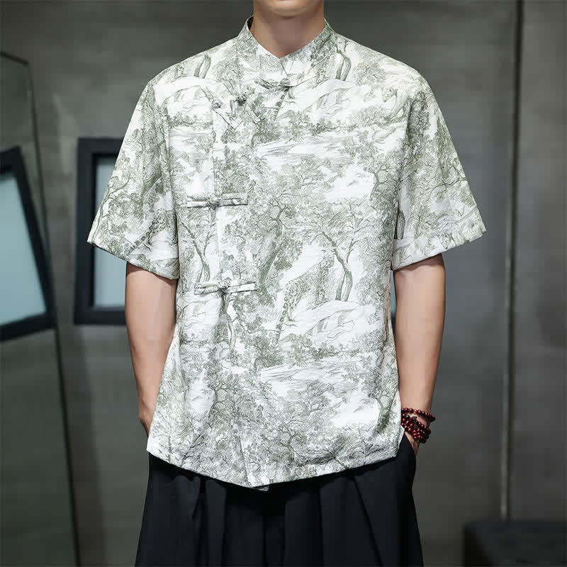 Buddha Stones Chemises à manches courtes pour hommes, style Tang, avec boutons grenouilles et motifs abstraits. - Vert foncé - US/UK/AU44，EU54 (4XL) - image 23