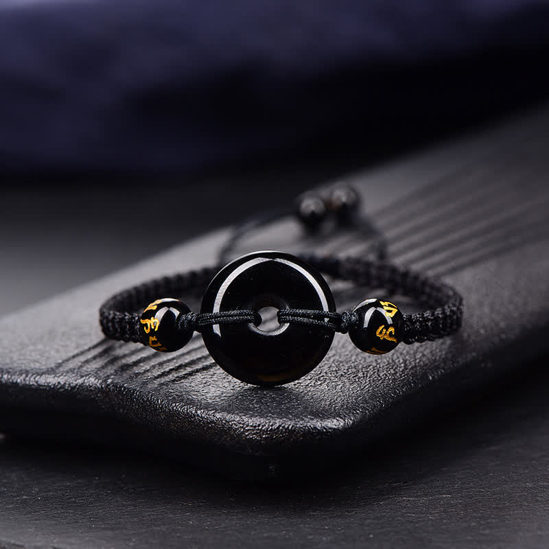 Buddha Stones Bracelet tressé de protection avec boucle de paix en obsidienne noire - Cordon noir - Obsidienne noire (Purification ♥ Force) - image 1