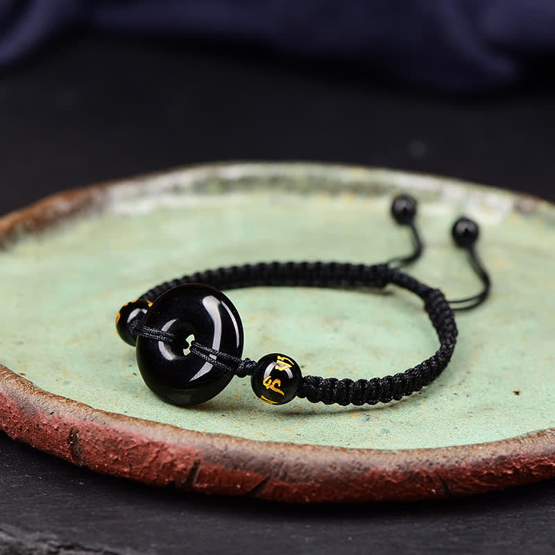 Buddha Stones Bracelet tressé de protection avec boucle de paix en obsidienne noire - image 4