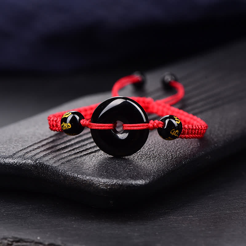 Buddha Stones Bracelet tressé de protection avec boucle de paix en obsidienne noire - Cordon rouge - Obsidienne noire (Purification ♥ Force) - image 0