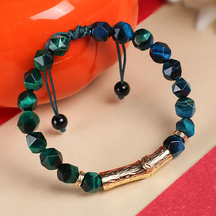 Buddha Stones Bracelet à facettes en obsidienne œil de tigre argentée et bambou, motif bambou. - image 9