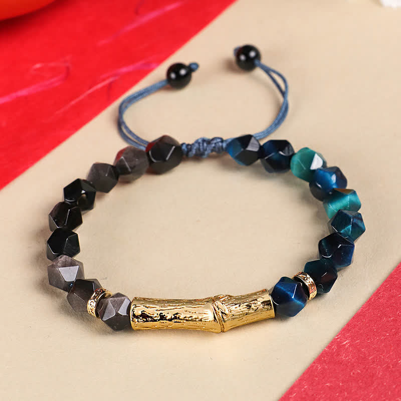 Buddha Stones Bracelet à facettes en obsidienne œil de tigre argentée et bambou, motif bambou. - Obsidienne argentée et œil de tigre bleu - Œil de tigre (Protection ♥ Force) - image 1