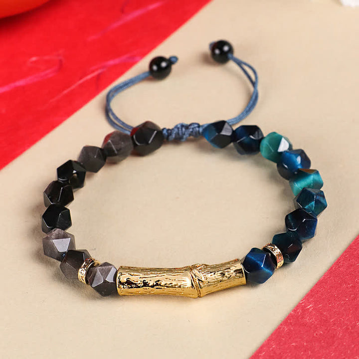 Buddha Stones Bracelet à facettes en obsidienne œil de tigre argentée et bambou, motif bambou. - Obsidienne argentée et œil de tigre bleu - Œil de tigre (Protection ♥ Force) - image 1