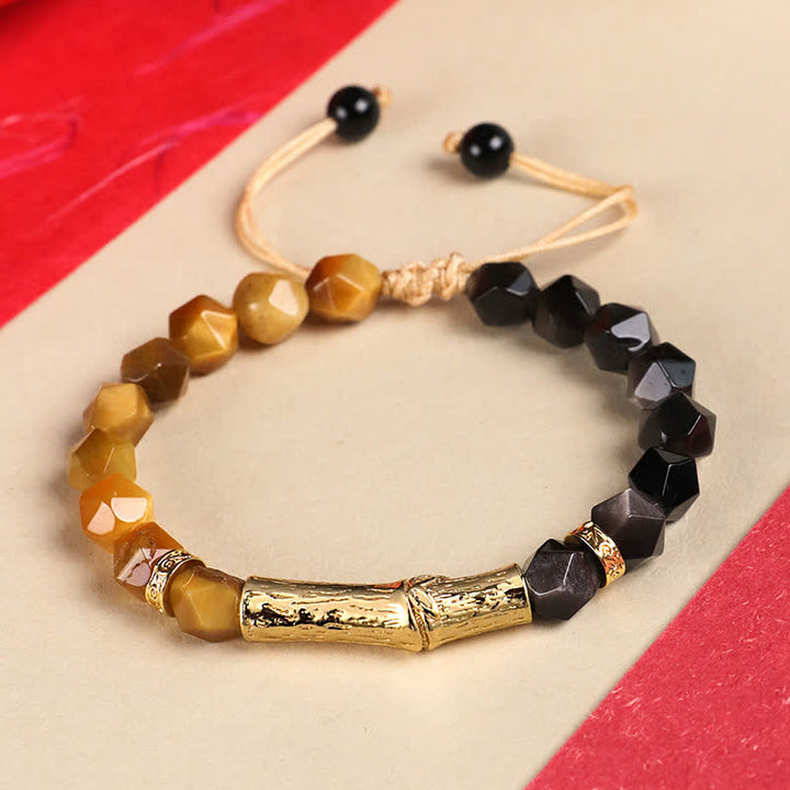 Buddha Stones Bracelet à facettes en obsidienne œil de tigre argentée et bambou, motif bambou. - Obsidienne argentée et œil de tigre doré - Œil de tigre (Protection ♥ Force) - image 2