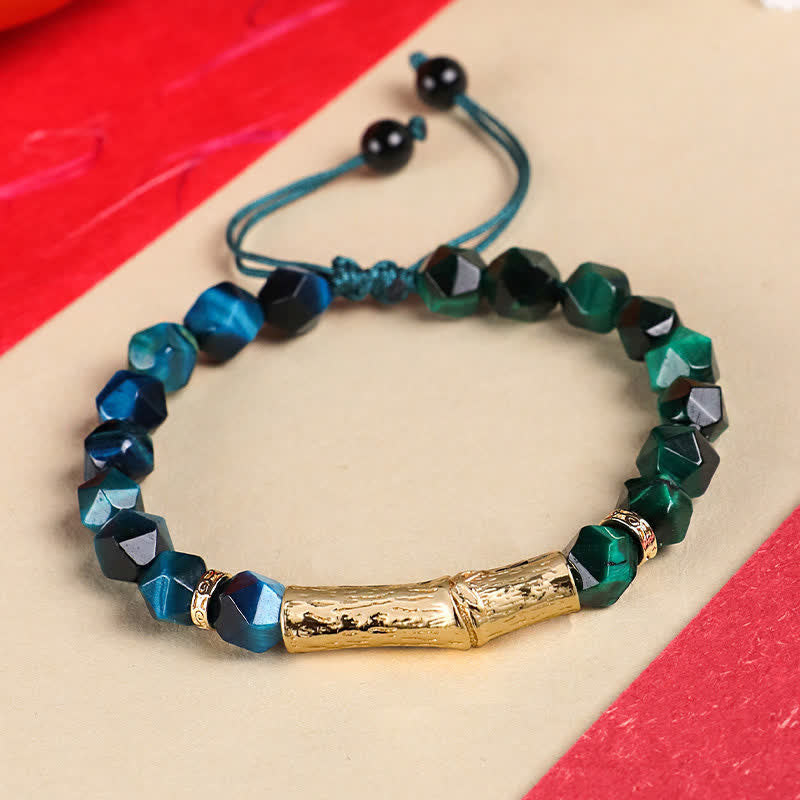 Buddha Stones Bracelet à facettes en obsidienne œil de tigre argentée et bambou, motif bambou. - Œil de tigre vert et œil de tigre bleu - Œil de tigre (Protection ♥ Force) - image 4