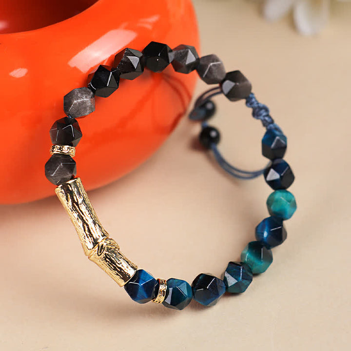 Buddha Stones Bracelet à facettes en obsidienne œil de tigre argentée et bambou, motif bambou. - image 8