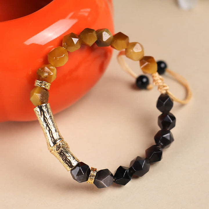 Buddha Stones Bracelet à facettes en obsidienne œil de tigre argentée et bambou, motif bambou. - image 7