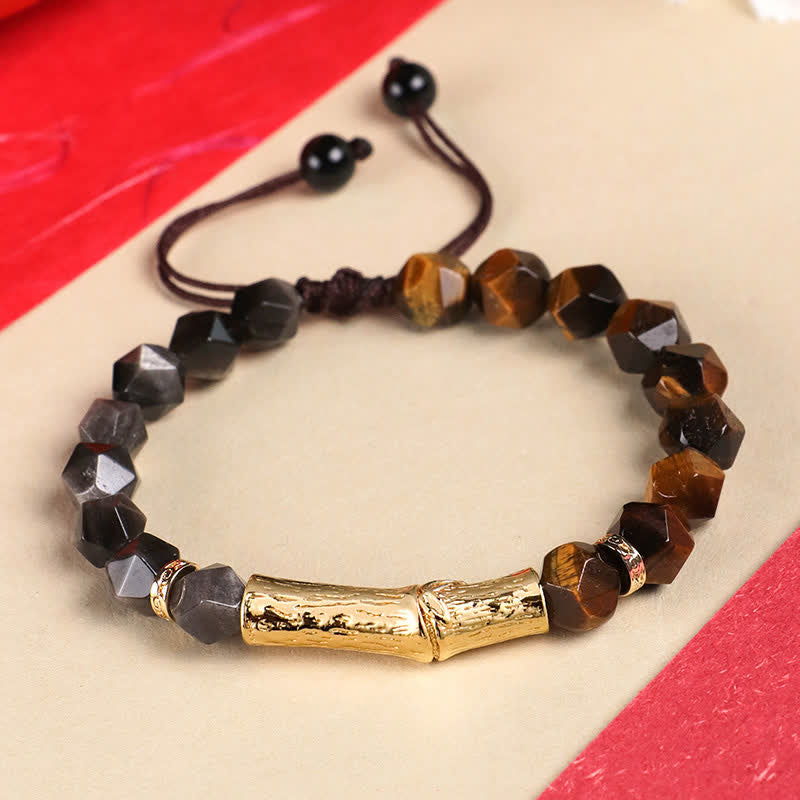 Buddha Stones Bracelet à facettes en obsidienne œil de tigre argentée et bambou, motif bambou. - Obsidienne argentée et œil de tigre jaune - Œil de tigre (Protection ♥ Force) - image 0