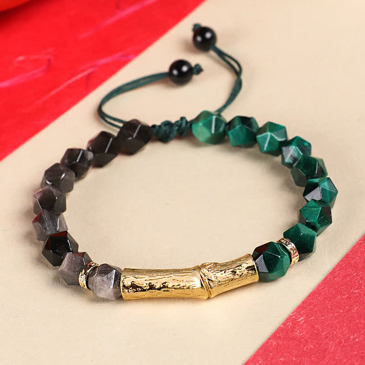 Buddha Stones Bracelet à facettes en obsidienne œil de tigre argentée et bambou, motif bambou. - Obsidienne argentée et œil de tigre vert - Œil de tigre (Protection ♥ Force) - image 3