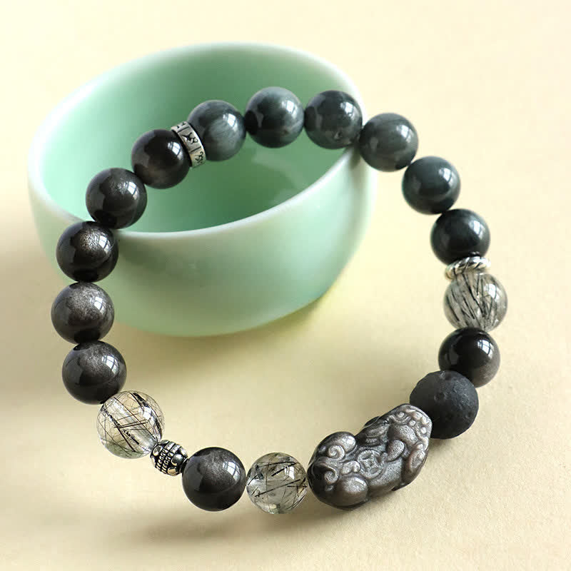 Buddha Stones Bracelet Pixiu Love sculpté à la main pour couples, en quartz fraise et obsidienne argentée. - image 2