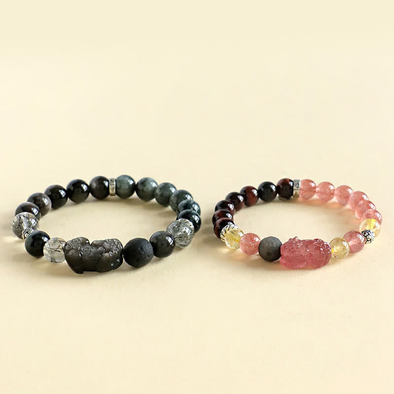 Buddha Stones Bracelet Pixiu Love sculpté à la main pour couples, en quartz fraise et obsidienne argentée. - image 8
