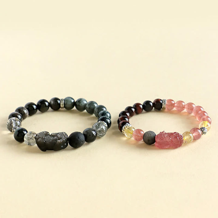 Buddha Stones Bracelet Pixiu Love sculpté à la main pour couples, en quartz fraise et obsidienne argentée. - image 8