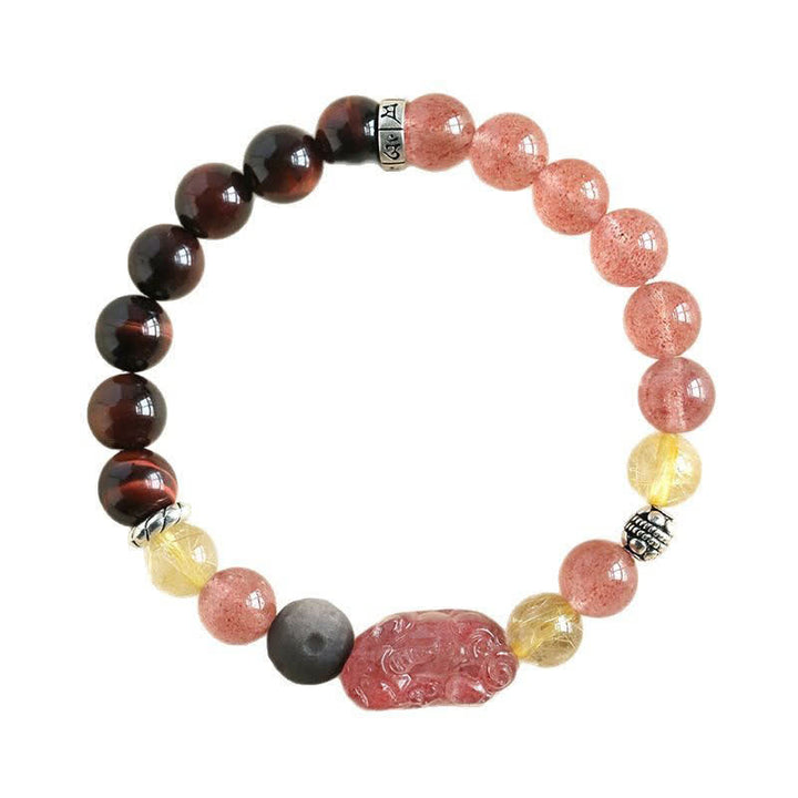 Buddha Stones Bracelet Pixiu Love sculpté à la main pour couples, en quartz fraise et obsidienne argentée. - image 9