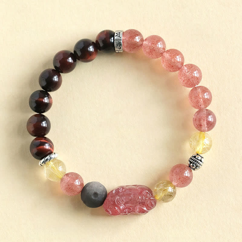 Buddha Stones Bracelet Pixiu Love sculpté à la main pour couples, en quartz fraise et obsidienne argentée. - Quartz fraise (Amour ♥ Guérison) - image 1