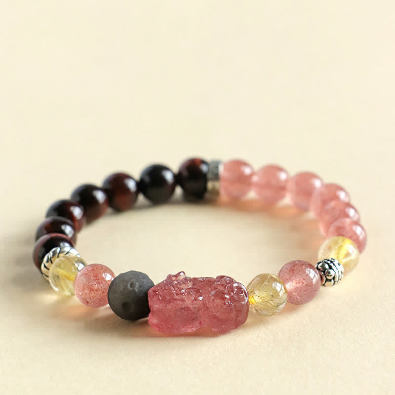 Buddha Stones Bracelet Pixiu Love sculpté à la main pour couples, en quartz fraise et obsidienne argentée. - image 3
