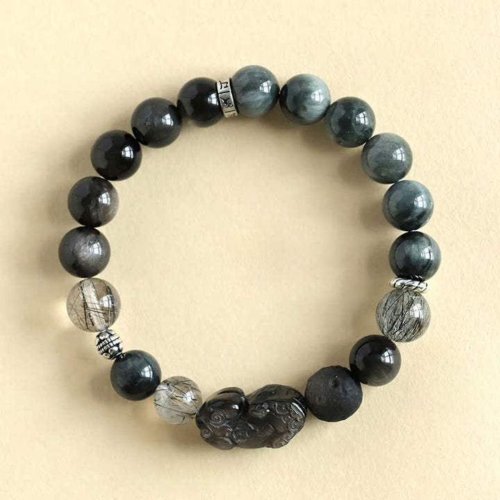 Buddha Stones Bracelet Pixiu Love sculpté à la main pour couples, en quartz fraise et obsidienne argentée. - Obsidienne à reflets argentés (Protection ♥ Apaisement) - image 0