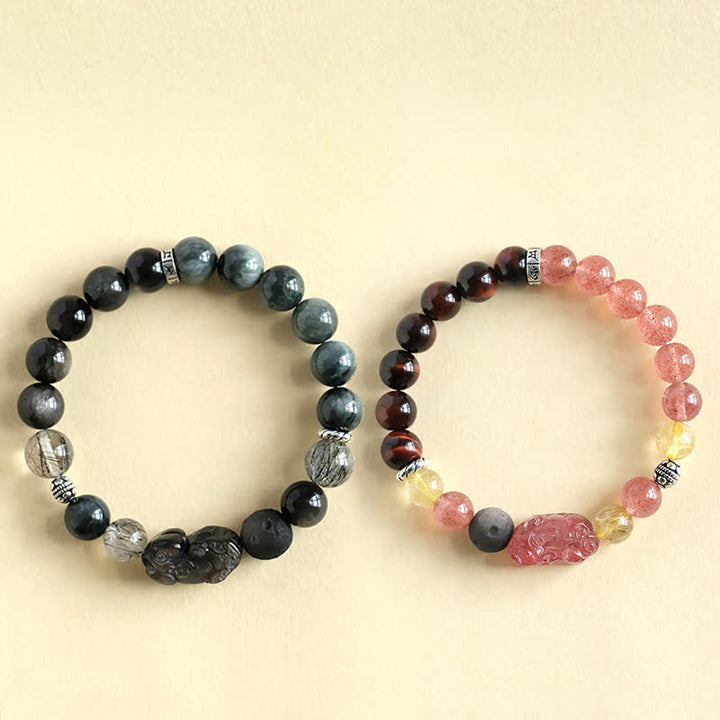 Buddha Stones Bracelet Pixiu Love sculpté à la main pour couples, en quartz fraise et obsidienne argentée. - image 4