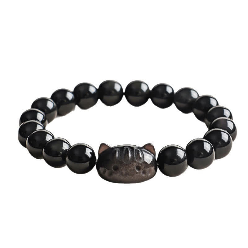 Buddha Stones Bracelet fait main avec pendentif chat en obsidienne argentée sculptée à la main, symbole de calme - image 12