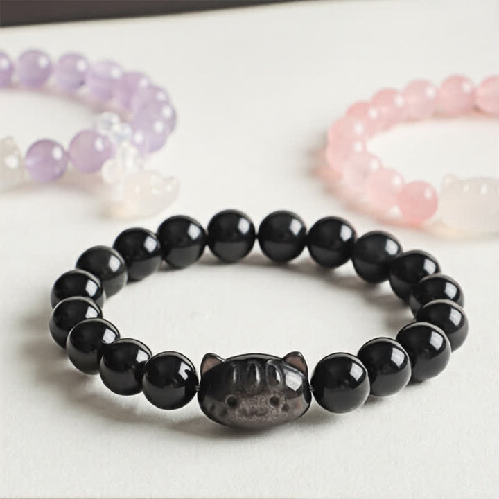 Buddha Stones Bracelet fait main avec pendentif chat en obsidienne argentée sculptée à la main, symbole de calme - image 4
