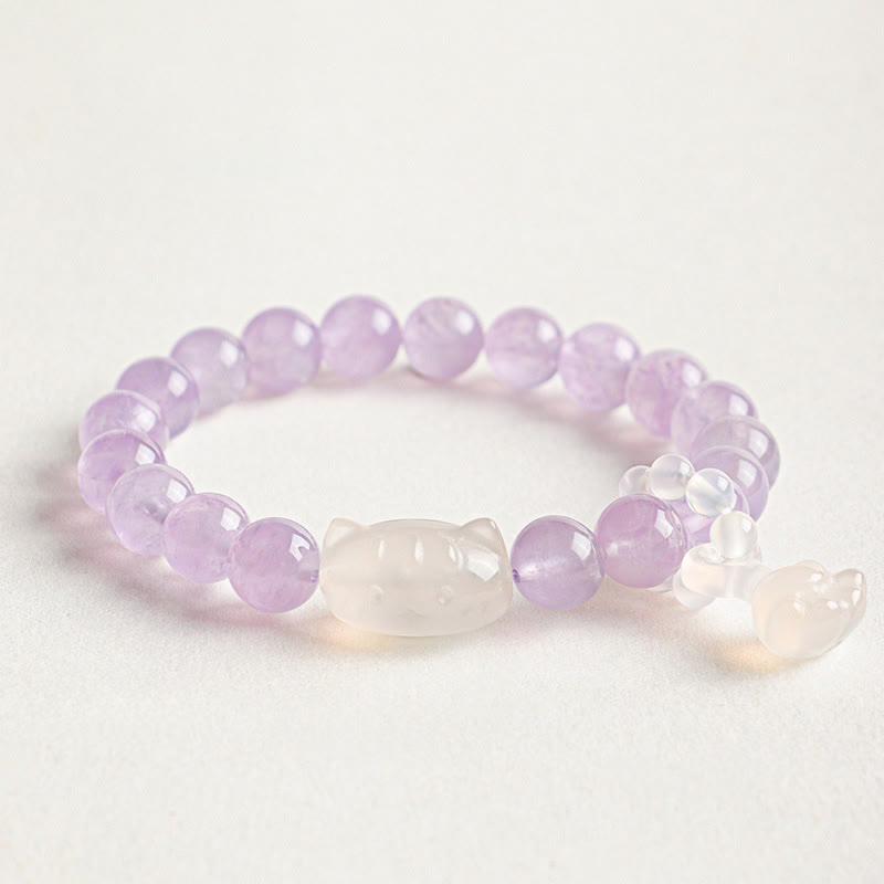 Buddha Stones Bracelet fait main avec pendentif chat en obsidienne argentée sculptée à la main, symbole de calme - Améthyste (Soulagement du stress ♥ Intuition) - image 3