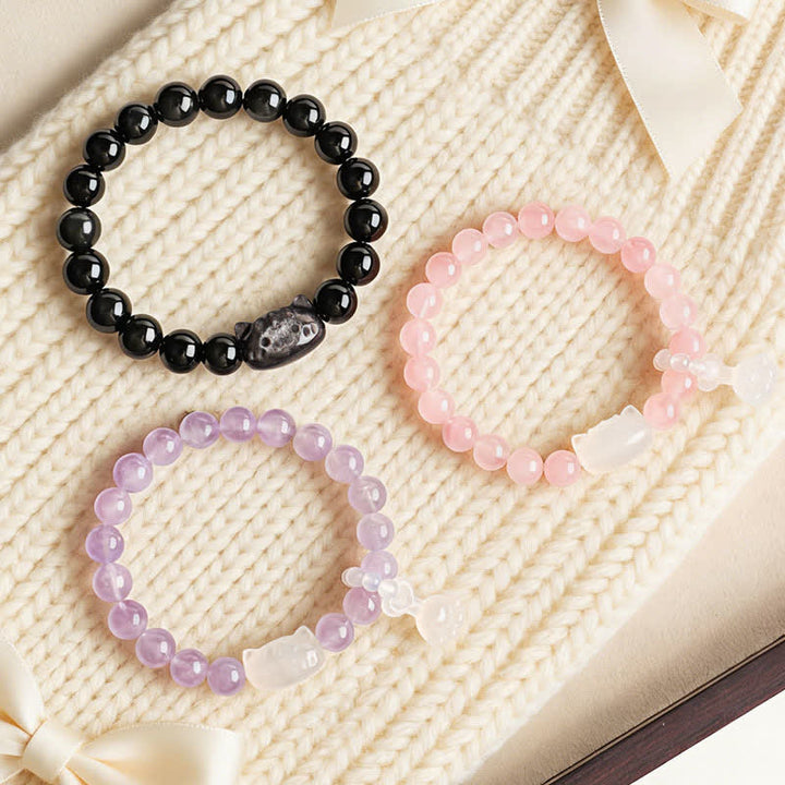 Buddha Stones Bracelet fait main avec pendentif chat en obsidienne argentée sculptée à la main, symbole de calme - image 9