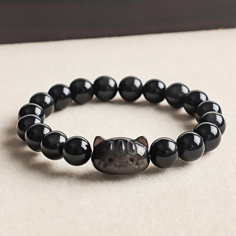 Buddha Stones Bracelet fait main avec pendentif chat en obsidienne argentée sculptée à la main, symbole de calme - Obsidienne à reflets argentés (Ancrage ♥ Intuition) - image 0