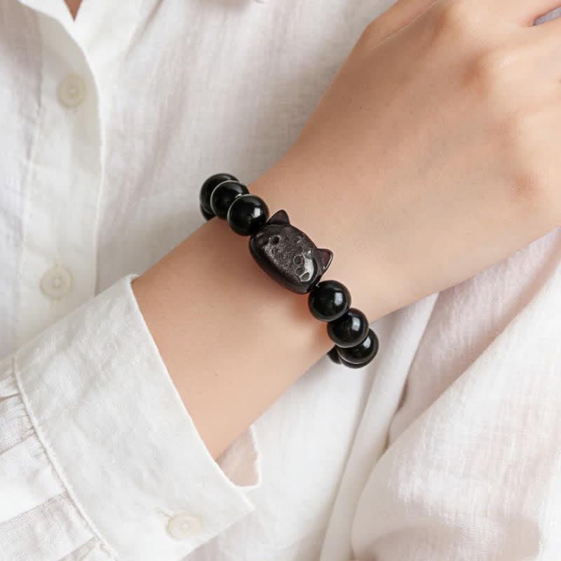 Buddha Stones Bracelet fait main avec pendentif chat en obsidienne argentée sculptée à la main, symbole de calme - image 10