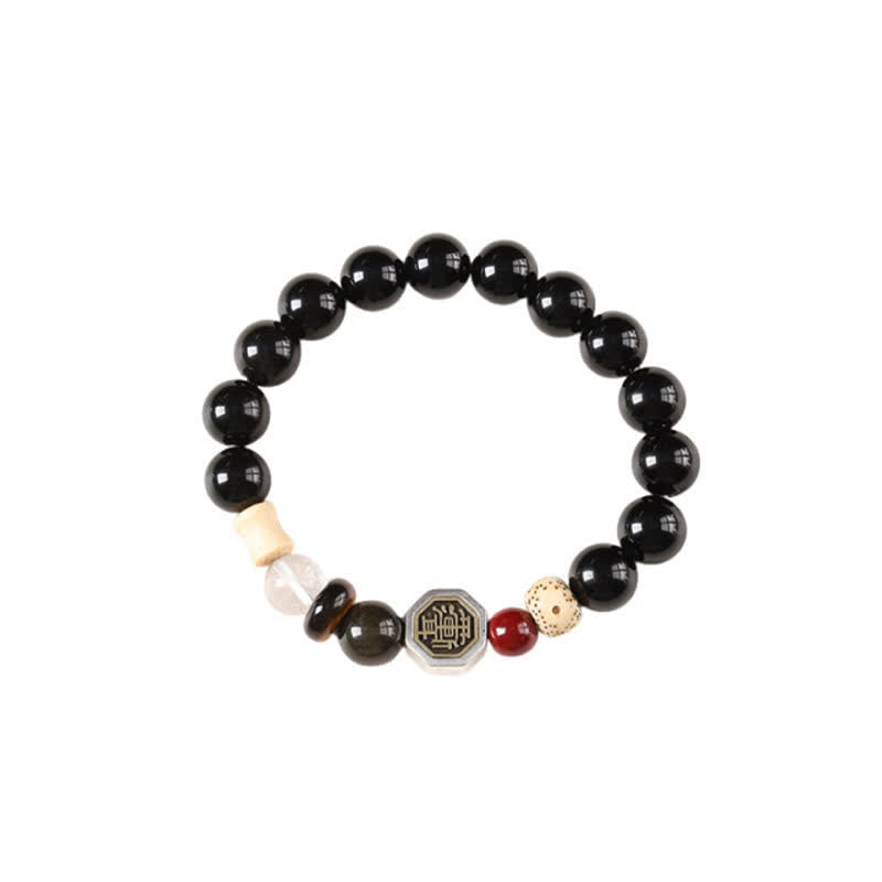 Buddha Stones Bracelet tibétain de protection Bagua en obsidienne noire, perles rondes - image 14