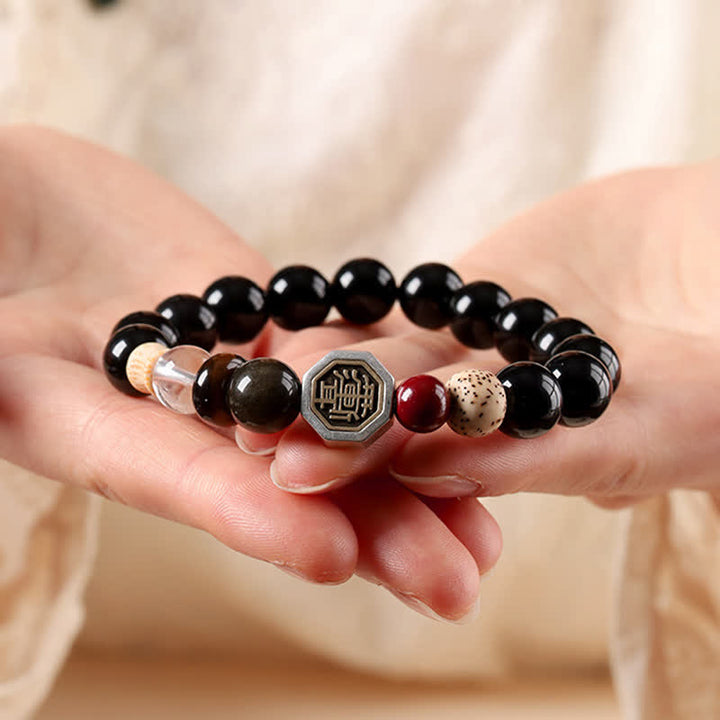 Buddha Stones Bracelet tibétain de protection Bagua en obsidienne noire, perles rondes - image 4