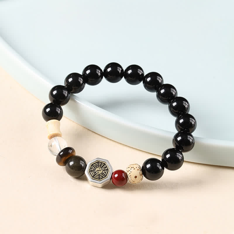Buddha Stones Bracelet tibétain de protection Bagua en obsidienne noire, perles rondes - image 2