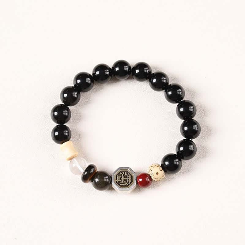 Buddha Stones Bracelet tibétain de protection Bagua en obsidienne noire, perles rondes - Obsidienne noire (Protection ♥ Ancrage) - image 0