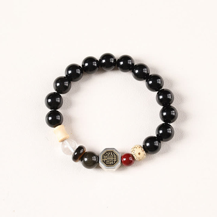 Buddha Stones Bracelet tibétain de protection Bagua en obsidienne noire, perles rondes - Obsidienne noire (Protection ♥ Ancrage) - image 0