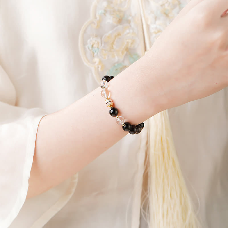 Buddha Stones Bracelet rond de protection en perles Dzi d'obsidienne argentée - image 8