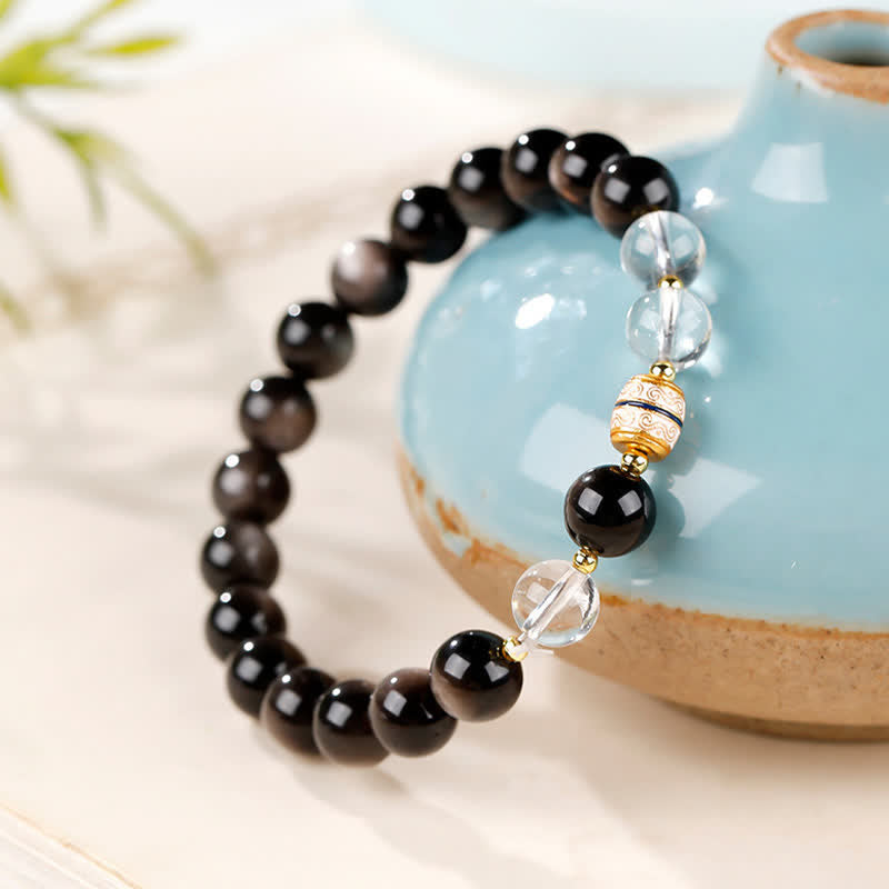 Buddha Stones Bracelet rond de protection en perles Dzi d'obsidienne argentée - image 1