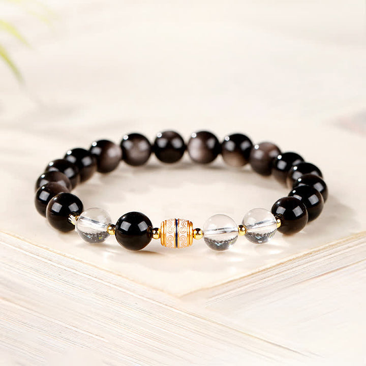 Buddha Stones Bracelet rond de protection en perles Dzi d'obsidienne argentée - image 4
