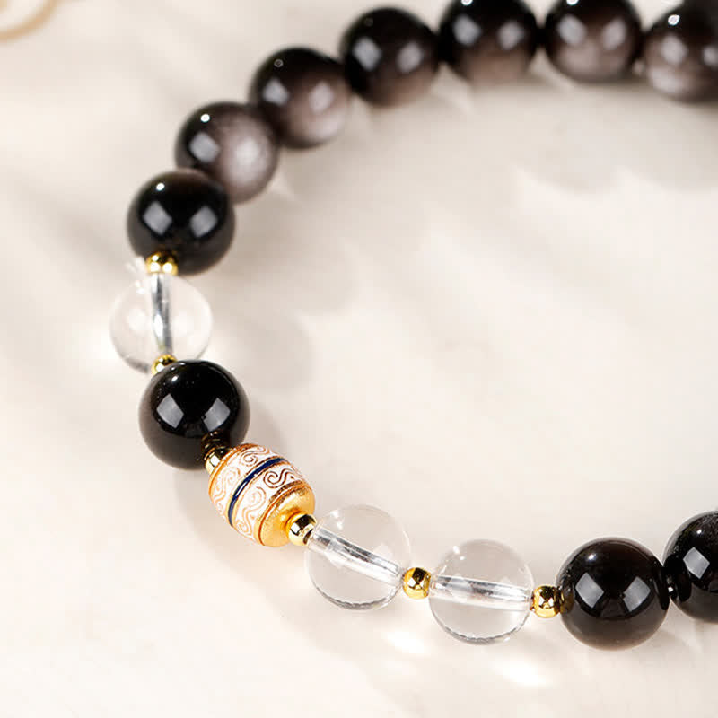Buddha Stones Bracelet rond de protection en perles Dzi d'obsidienne argentée - image 9