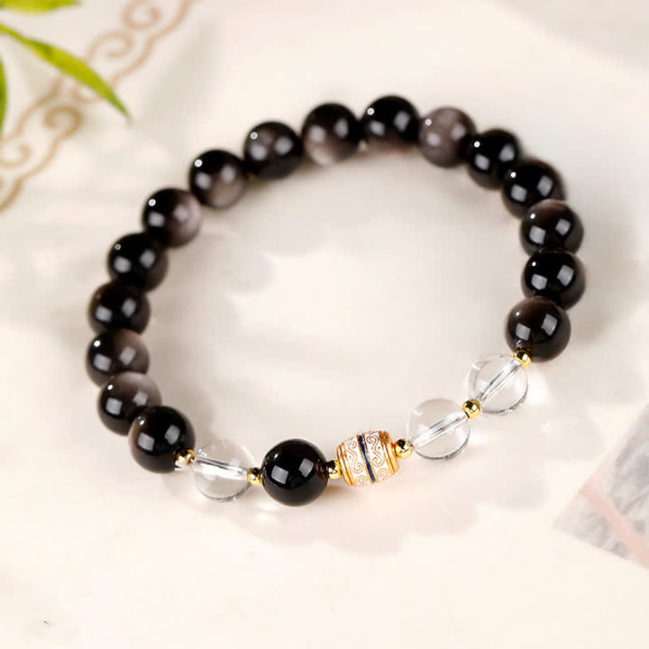 Buddha Stones Bracelet rond de protection en perles Dzi d'obsidienne argentée - image 3