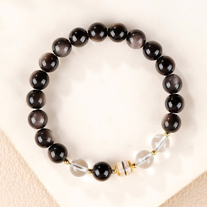 Buddha Stones Bracelet rond de protection en perles Dzi d'obsidienne argentée - image 2