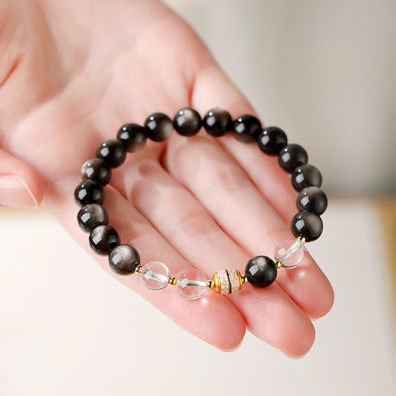 Buddha Stones Bracelet rond de protection en perles Dzi d'obsidienne argentée - image 7