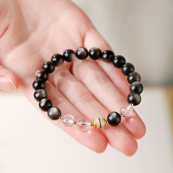 Buddha Stones Bracelet rond de protection en perles Dzi d'obsidienne argentée - image 7